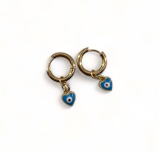 Evil Eye Heart Charm Hoops, Gold